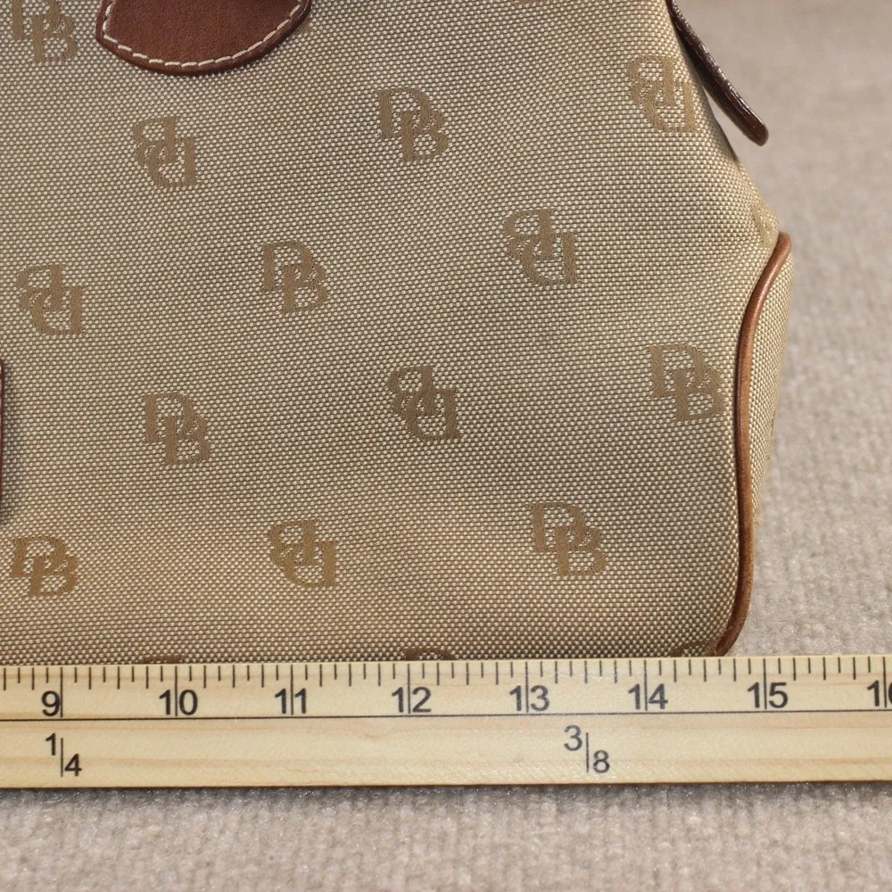 Dooney & Bourke Monogram Canvas Satchel Bag Tan Brown Leather Trim Dome Handbag